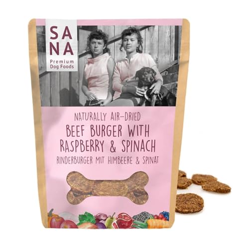 SANA Premium Dog Foods I 100% Natur luftgetrocknete Burger I Verschiedene Sorten & Größen (5 x 100g, Rinderburger mit Himbeeeren & Spinat) von SANA Premium Dog Foods