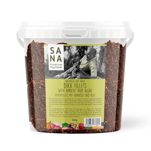 SANA Premium Dog Foods I 100% Natur luftgetrocknete Filets I Verschiedene Sorrten I im 500g Eimer (500g Eimer, Entenfilets mit Alge & Aprikose) von SANA Premium Dog Foods