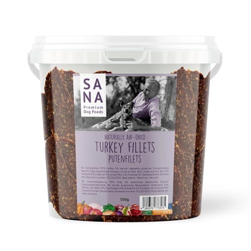 SANA Premium Dog Foods I 100% Natur luftgetrocknete Filets I Verschiedene Sorrten I im 500g Eimer (500g Eimer, Putenfilets mit Süßkartoffel) von SANA Premium Dog Foods