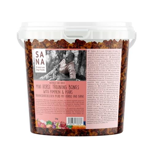SANA Premium Dog Foods I 100% Natur luftgetrocknete Trainingsknöchelchen im 1 kg Eimer I Verschiedene Sorten (1kg Eimer, Pferd mit Kürbis und Birne) von SANA Premium Dog Foods