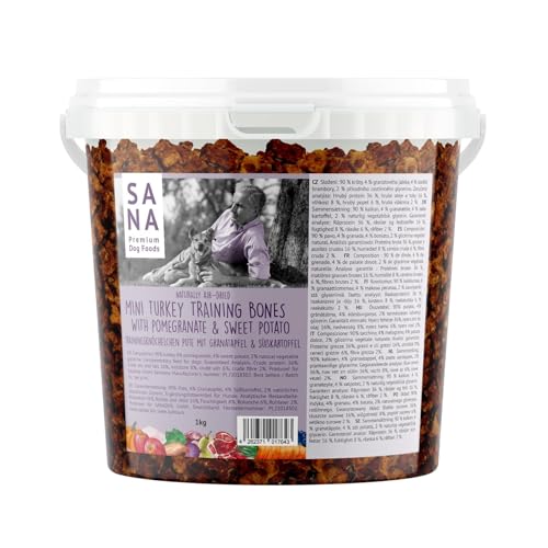 SANA Premium Dog Foods I 100% Natur luftgetrocknete Trainingsknöchelchen im 1 kg Eimer I Verschiedene Sorten (1kg Eimer, Pute mit Granatapfel & Süßkartoffel) von SANA Premium Dog Foods