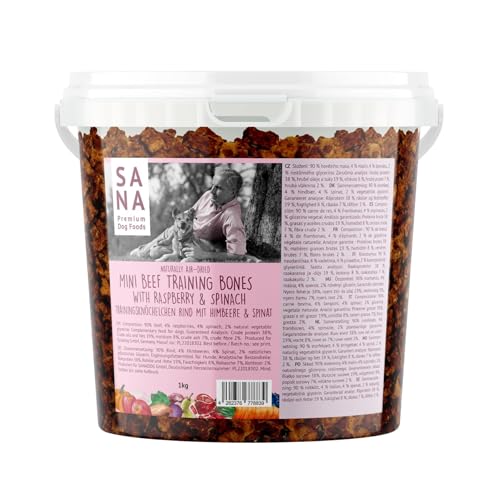 SANA Premium Dog Foods I 100% Natur luftgetrocknete Trainingsknöchelchen im 1 kg Eimer I Verschiedene Sorten (1kg Eimer, Rind mit Himbeeren und Spinat) von SANA Premium Dog Foods