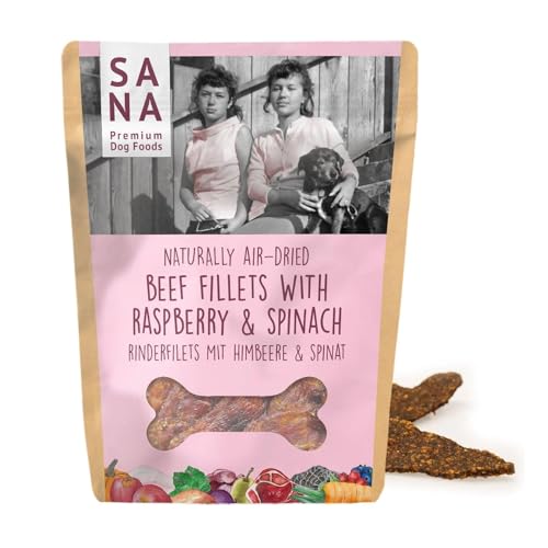 SANA Premium Dog Foods I 100% luftgetrocknete Filets I Verschiedene Sorrten & Größen (10 x 100g, Rinderfilets mit Himbeeeren & Spinat) von SANA Premium Dog Foods