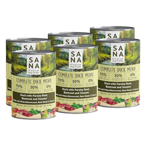 SANA Premium Dog Foods I Nass-Menüs I hoher Fleischanteil, getreidefrei I Verschiedene Sorten und Größen (12 x 400g Dosen, Ente mit Petersilienwurzel, Rote Beete & Sesam) von SANA Premium Dog Foods