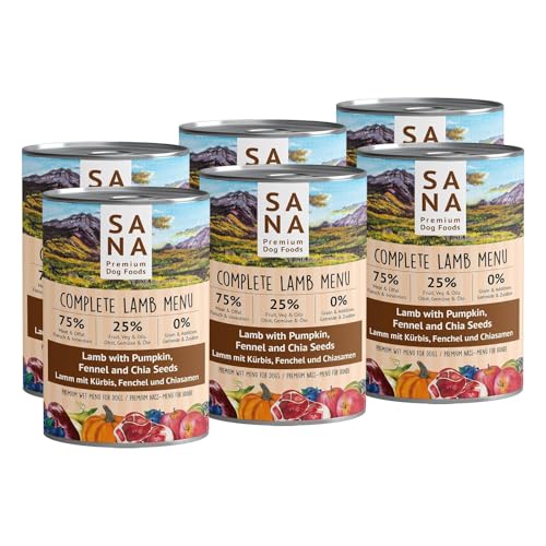 SANA Premium Dog Foods I Nass-Menüs I hoher Fleischanteil, getreidefrei I Verschiedene Sorten und Größen (12 x 400g Dosen, Lamm mit Kürbis, Fenchel und Chiasamen) von SANA Premium Dog Foods