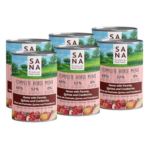 SANA Premium Dog Foods I Nass-Menüs I hoher Fleischanteil, getreidefrei I Verschiedene Sorten und Größen (12 x 800g Dosen, Pferd mit Pastinake, Quinoa und Preiselbeeren) von SANA Premium Dog Foods