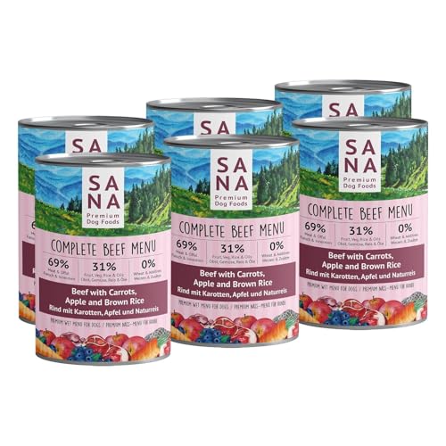 SANA Premium Dog Foods I Nass-Menüs I hoher Fleischanteil, getreidefrei I Verschiedene Sorten und Größen (6 x 400g Dosen, Rind mit Karotten, Apfel und Naturreis) von SANA Premium Dog Foods