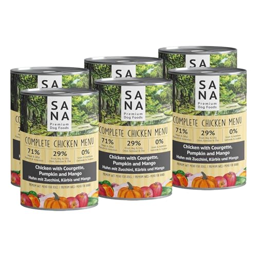 SANA Premium Dog Foods I Nass-Menüs I hoher Fleischanteil, getreidefrei I Verschiedene Sorten und Größen (6 x 800g Dosen, Huhn mit Zucchini, Kürbis und Mango) von SANA Premium Dog Foods