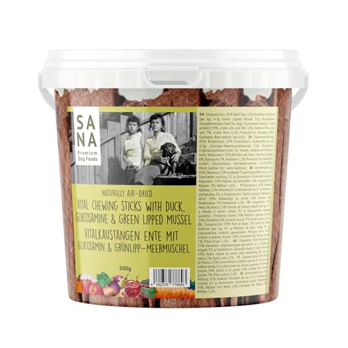 Sana Premium Dog Foods | leckere Zahnpflege Vitalkaustangen | 500g Eimer I Verschiedene Sorten (500g im Eimer, Ente mit Glucosamin und und Grünlippmeermuschelextrakt) von SANA Premium Dog Foods