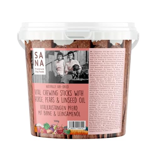 Sana Premium Dog Foods | leckere Zahnpflege Vitalkaustangen | 500g Eimer I Verschiedene Sorten (500g im Eimer, Pferd mit Birne und Leinsamenöl) von SANA Premium Dog Foods