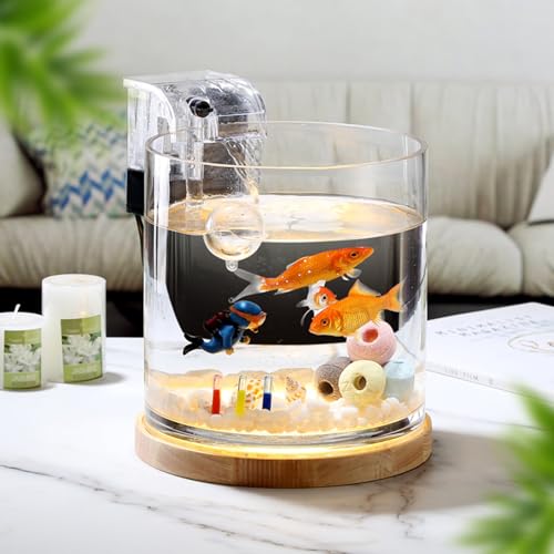 SANOSY Aquarium-Starter-Kits, 15,2 cm für Anfänger, zylindrische Betta-Fischschale mit Holzsockel, LED-Licht, Wasserpumpe, Zubehör, selbstreinigender Filter, Copyright-Patent von SANOSY
