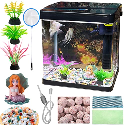 SANOSY Glas-Aquarium-Starter-Set, 12 l, kleines Betta-Fischtank, Desktop-Mini-Fischschale für Garnelen, kleine Fische mit Pumpe, LED-Licht, simulierte Wasserpflanzen und Filtermaterialien von SANOSY