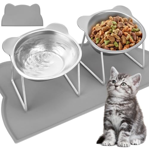 Erhöhte Katzennäpfe mit Futtermatte & Metallständer, Schnurrhaarfreundlich, Anti-Erbrochenes, Stressfreier Hals mit Silikon-Tischset für kleine Hunde und Katzen (2 Stück) von SANWICH