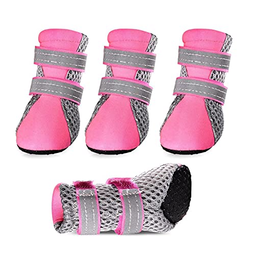 SANWOOD Breathable Pets Dog Boots Dog Mesh Shoes,4Pcs Pet Sneakers Reflective Fastener Tape Anti-skid Breathable Pet Dogs Mesh Sneakers for Outdoor - Pink M von SANWOOD