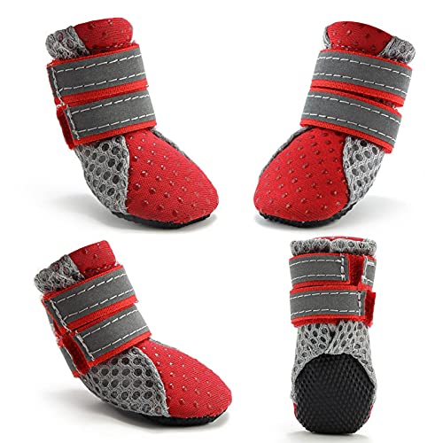 SANWOOD Breathable Pets Dog Boots Dog Mesh Shoes,4Pcs Pet Sneakers Reflective Fastener Tape Anti-skid Breathable Pet Dogs Mesh Sneakers for Outdoor - Red L von SANWOOD