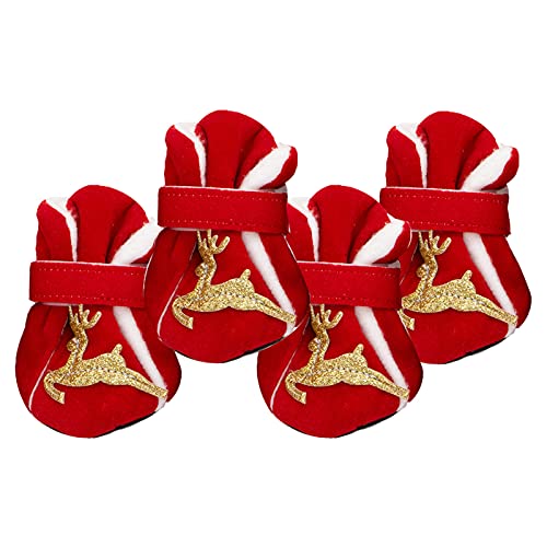 SANWOOD Haustierschuhe für Weihnachtszubehör, 4 Stück/Set Haustierschuhe, Weihnachtselemente, Design, rutschfest, hautfreundlich, modische Haustier-Hunde-Sneakers für Festival – Hirschmuster, M von SANWOOD