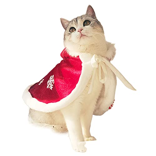 SANWOOD Katzenumhang mit Schneeflocken-Dekor, einfach zu tragen, dicker Kunstfaser-Stoff, Haustier-Kostüm, Poncho-Umhang mit Hut für Zuhause, Rot von SANWOOD
