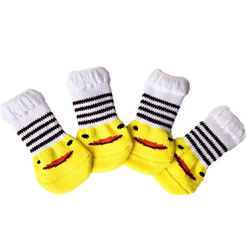 SANWOOD Socken für Hunde und Katzen, 4 Stück für Katzen, Hunde, Baumwolle, warm, rutschfest, Cartoon-Muster, Socken, Haustierbedarf – kleine Ente L von SANWOOD