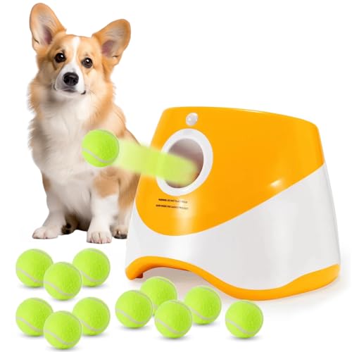 SARIEN Automatischer Hundeballwerfer – Hunde-Apportiermaschine für kleine Hunde, 3 Startdistanzen, Ballwerfer für Hunde mit 12 Bällen, Dual-Netzteil, Ballwerfer für Hunde (orangefarbener Hundewerfer) von SARIEN
