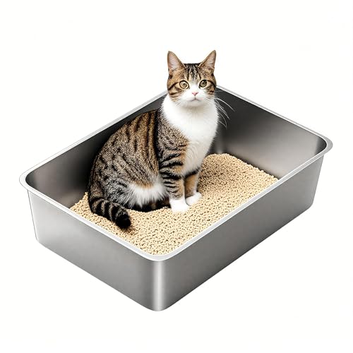 Edelstahl Katzenklo Große Katzentoilette, XXL Metall Katzenklo für Große Katzen, Offenes Katzenklo ohne Deckel, Hop-in Katzen Klo Katzen WC, 60 x 40 x 15 cm, Geruchsfrei, Rostfrei, Auslaufsicher von SAROSORA