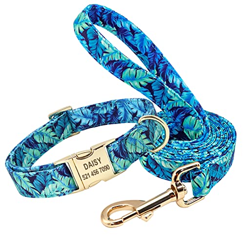 Blumen-Hundehalsband-Leine-Set,Individuell,Klein,Mittel,Groß,Hundehalsbänder,Blumendruck,Nylon-Hundehalsbänder Mit Leckerli-Tasche,Snack-Tasche,Blaue Halsbandleine,L von SARUEI