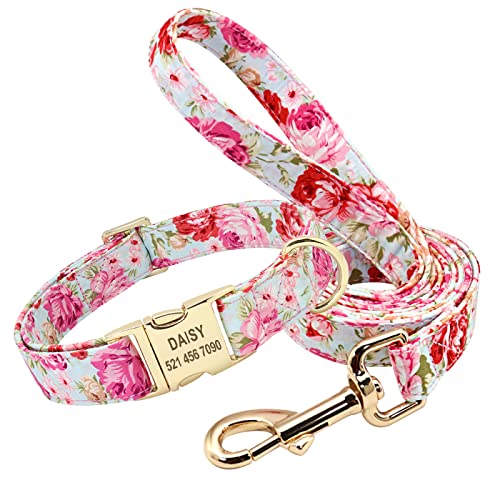 Blumen-Hundehalsband-Leine-Set,Individuell,Klein,Mittel,Groß,Hundehalsbänder,Blumendruck,Nylon-Hundehalsbänder Mit Leckerli-Tasche,Snack-Tasche,Halsbandleine Rosa,S von SARUEI