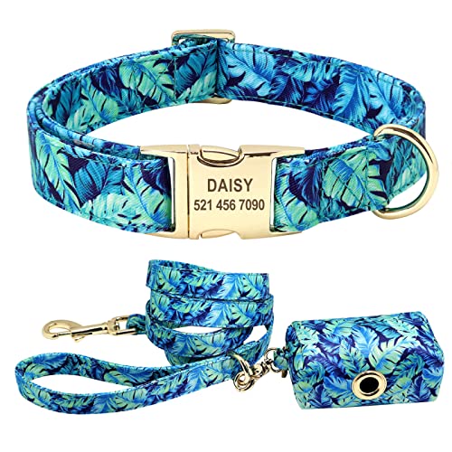 Blumen-Hundehalsband-Set,Individuell,Klein,Mittel,Groß,Hundehalsbänder,Blumendruck,Nylon-Hundehalsbänder Mit Leckerli-Tasche,Snack-Tasche,Blaues Set,L von SARUEI