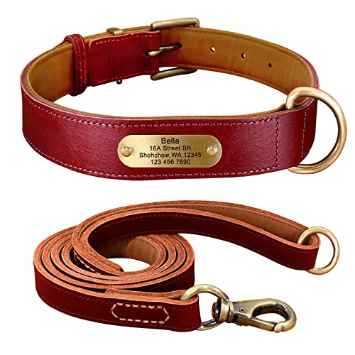 Hundehalsband Custom Leder Medium Large Hundehalsbänder Personalisierte Haustier-ID-Halsbänder Für Hunde Pitbull Gravieren Sie Den Namen,Roter Satz,2XL von SARUEI