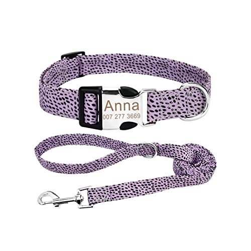 Personalisierte Namensschild-ID-Haustier-Halsband Hundehalsband Custom Puppy Cat Pet Collar Leashe Set,Violett,M von SARUEI