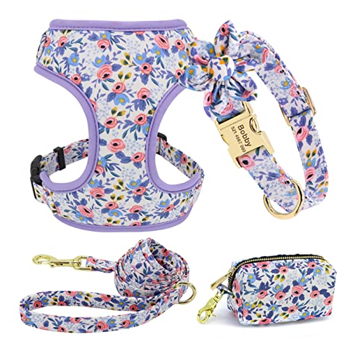 Personalisiertes Hundehalsband,Leinengeschirr,Hunde-ID-Halsbänder,Nylon,Haustierweste,Geschirr,Bleigürtel,Snack-Kotbeutel-Set,Blumenzubehör,Blau,L von SARUEI