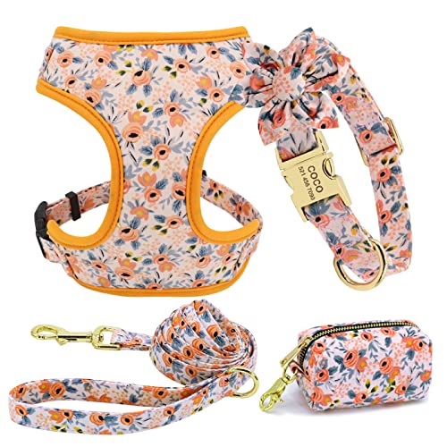 Personalisiertes Hundehalsband,Leinengeschirr,Hunde-ID-Halsbänder,Nylon,Haustierweste,Geschirr,Bleigürtel,Snack-Kotbeutel-Set,Blumenzubehör,Orange,M von SARUEI