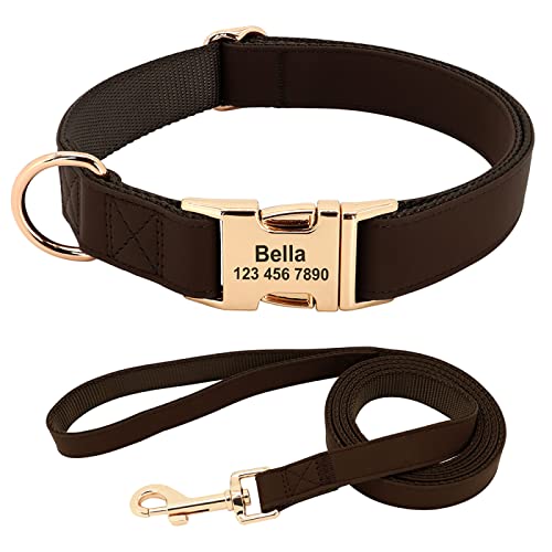Personalisiertes Hundehalsband-Leine-Set,Individuelle Welpenhalsbänder,Verstellbare Haustier-Halskette Für Kleine,Mittelgroße Hunde,Graviert,Braun,L von SARUEI