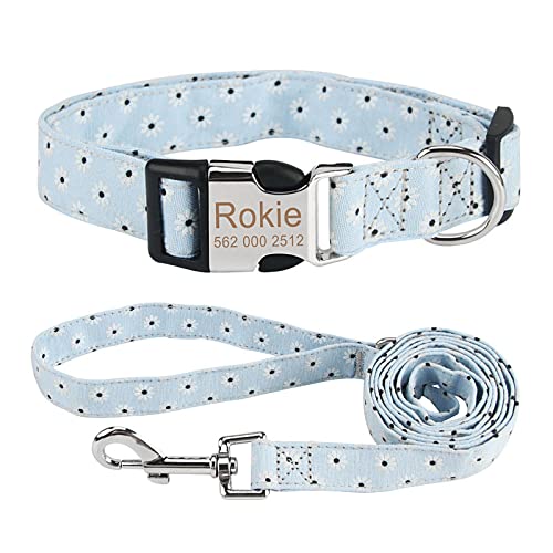 Personalisiertes Hundehalsband Und Leinen-Set,Graviertes Hundehalsband Mit Metallschnalle,Verstellbares Hundehalsband Für Mittelgroße Kleine Haustiere,Blau,XS von SARUEI