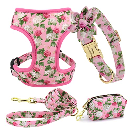 Personalized Dog Collar Harness Dogs ID Collars Nylon Pet Vest Harness Lead Belt Snack Poop Bag Set Flower Accessories,Rosa,XS von SARUEI