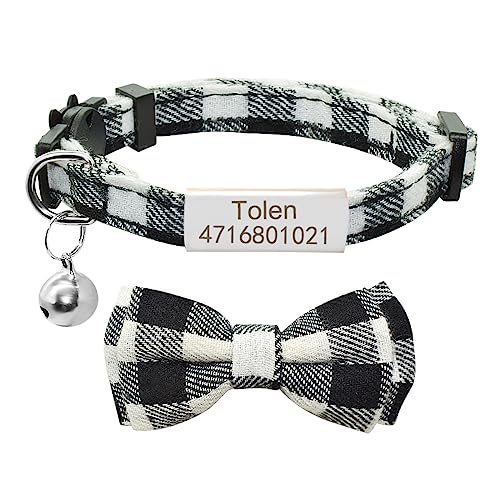 Grid Bowknot Katzenhalsband Personalisierter Name Sicherheit Breakaway Bowtie Katzenhalsband Glocke Halskette Benutzerdefinierte Gravierte Namensschild Katzenhalsband,Silber Schwarz,S (20cm-28c von SARUEL