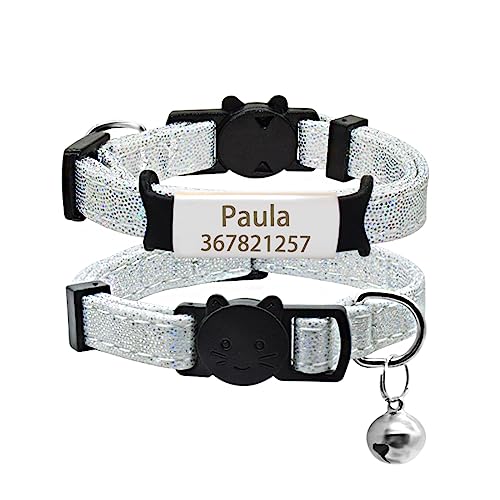 Namensschild Katzenhalsband Glocke Personalisierte Gravierte ID-Namensschild Katzenhalsband Sicherheit Breakaway Haustier Kätzchen Katzenhalsband Halskette,Silber-Silber,S (1 von SARUEL