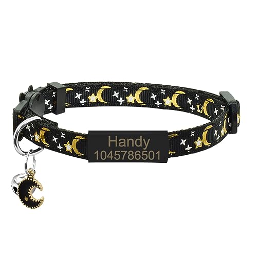 Personalisiertes Namens-Katzenhalsband Glocke Benutzerdefiniertes Namensschild Sicherheits-Abreiß-Katzenhalsband Verstellbare Niedliche Stern-Mond-Katzenhalsband-Halskette,Schwarz Schwarz,S (20 von SARUEL