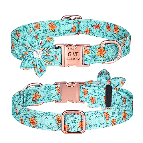SARUEL Benutzerdefinierte Namensschild Hundehalsband Personalisierte Gravierte ID Name Hundehalsband Blume Haustier Hundehalsband Für Kleine Große Hunde,Blau,M (31 cm - 50 cm) von SARUEL