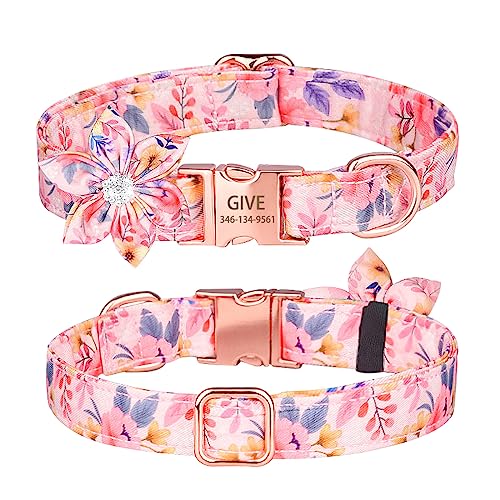 SARUEL Benutzerdefinierte Namensschild Hundehalsband Personalisierte Gravierte ID Name Hundehalsband Blume Haustier Hundehalsband Für Kleine Große Hunde,Rosa,M (31 cm - 50 cm) von SARUEL