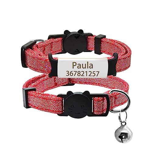 SARUEL Benutzerdefinierte Typenschild Katzenhalsband Glocke Personalisierte Gravierte ID Namensschild Katzenhalsband Haustier Kätzchen Katzenhalsband Halskette,Silber-Rot,S (17cm-28cm) von SARUEL