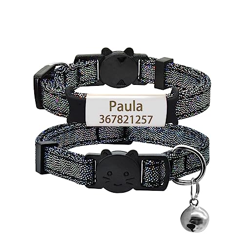 SARUEL Benutzerdefinierte Typenschild Katzenhalsband Glocke Personalisierte Gravierte ID Namensschild Katzenhalsband Haustier Kätzchen Katzenhalsband Halskette,Silber Schwarz,S (17cm-28cm) von SARUEL