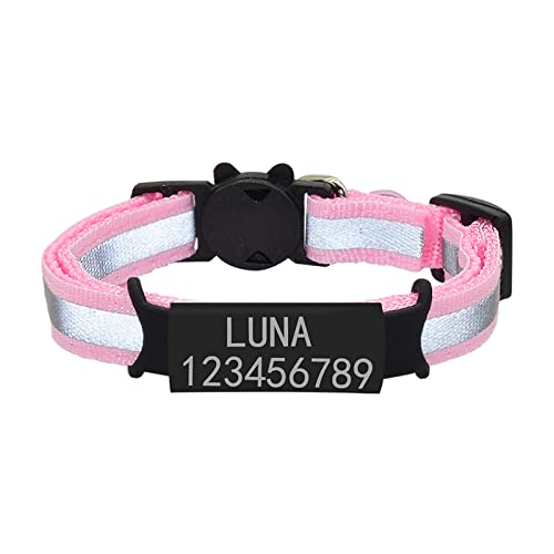 SARUEL Benutzerdefiniertes ID-Namensschild,Reflektierendes Katzenhalsband,Glocke,Personalisiertes Sicherheits-Nylon,Graviertes Typenschild,Katzenhalsband,Haustier-Kätzchen-Halsband,Rosa,S (20cm von SARUEL