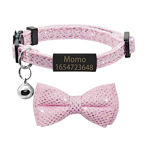 SARUEL Fliege Katzenhalsband Personalisiertes Namensschild Katzenhalsband Glocke Halskette Benutzerdefinierte Gravierte ID Namensschild Niedliche Bowknot Katzenhalsband,Schwarz-Rosa,S (20cm-28cm) von SARUEL