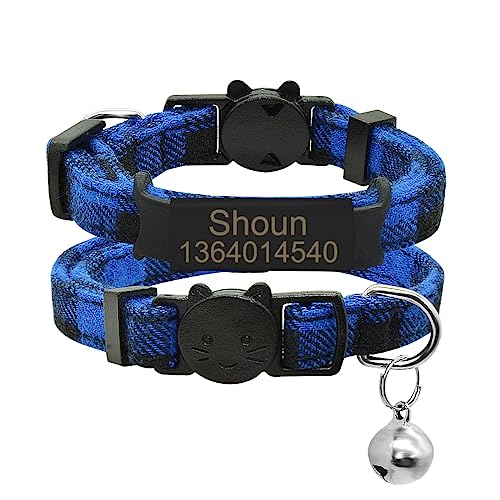 SARUEL Gitter-Katzenhalsband,Personalisiertes Typenschild,Sicherheits-Katzenhalsband,Glocke,Individuell Graviertes Namensschild,Verstellbares Katzenhalsband,Schwarz Blau,S (17cm-28cm) von SARUEL