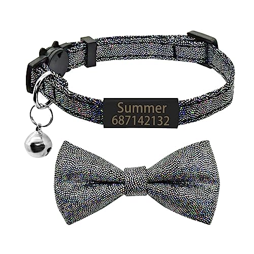 SARUEL Katzenhalsband Bell Personalisierte Fliege Katzenhalsband Name Custom Dot Bowknot Typenschild Katzenhalsband Gravur ID Namensschild Katzenhalskette,Schwarz Schwarz,S (20cm-28cm) von SARUEL