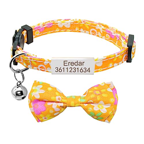 SARUEL Katzenhalsband Bell Personalisiertes Typenschild Breakaway Bowknot Katzenhalsband Halskette Benutzerdefinierte Gravierte ID Namensschild Katzenhalsband,Silber-Orange,S (20cm-28cm) von SARUEL