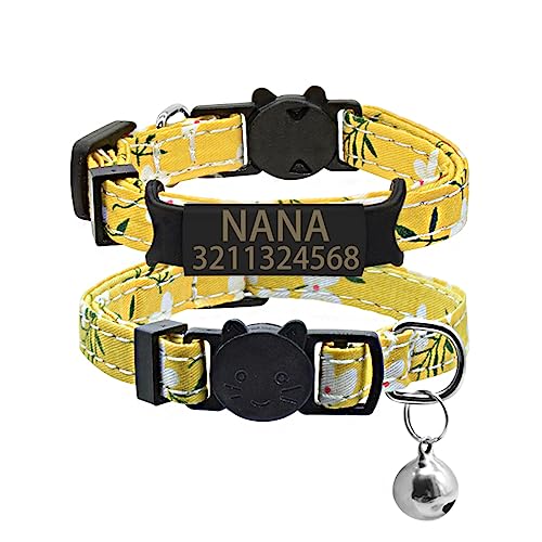 SARUEL Katzenhalsband Benutzerdefinierte Typenschild Katzenhalsband Glocke Halskette Personalisierte Gravierte ID Namensschild Haustier Kätzchen Katzenhalsband,Schwarz-Gelb-Blume,S (17cm-28cm) von SARUEL