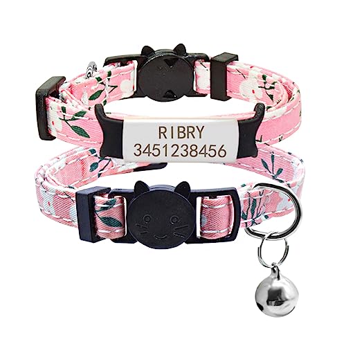 SARUEL Katzenhalsband Benutzerdefinierte Typenschild Katzenhalsband Glocke Halskette Personalisierte Gravierte ID Namensschild Haustier Kätzchen Katzenhalsband,Silber-Rosa-Blume,S (17cm-28cm) von SARUEL