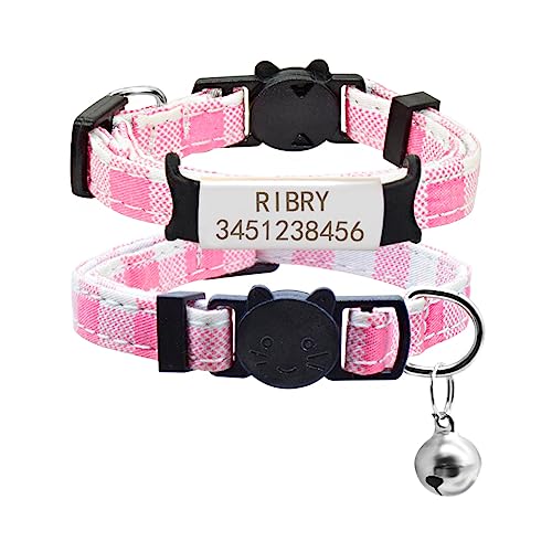 SARUEL Katzenhalsband Benutzerdefinierte Typenschild Katzenhalsband Glocke Halskette Personalisierte Gravierte ID Namensschild Haustier Kätzchen Katzenhalsband,Silber-Rosa-Gitter,S (17cm-28cm) von SARUEL