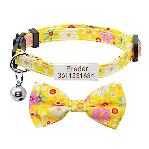 SARUEL Katzenhalsband Glocke Personalisiertes Typenschild Bowtie Katzenhalsband Halskette Benutzerdefinierte Gravierte ID Namensschild Katzenhalsband,Silber-Gelb,S (20cm-28cm) von SARUEL